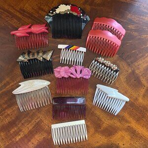 Lot of 12 Vintage Hair Combs 70s 80s Bold Plastic Japanese Rainbow Beaded Tulip